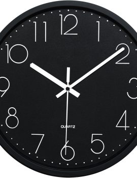 Plumeet Wall Clock, 12” Bedroom Wall Clocks Battery Operated, Silent Quartz Clock Decorate Kitchen Living Room, 3D Numbers Display Easy to Read, Black